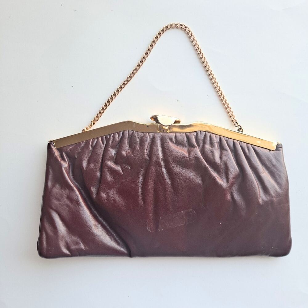 Vintage Burgundy Leather Clutch Purse with 14" Chain Strap (Small)